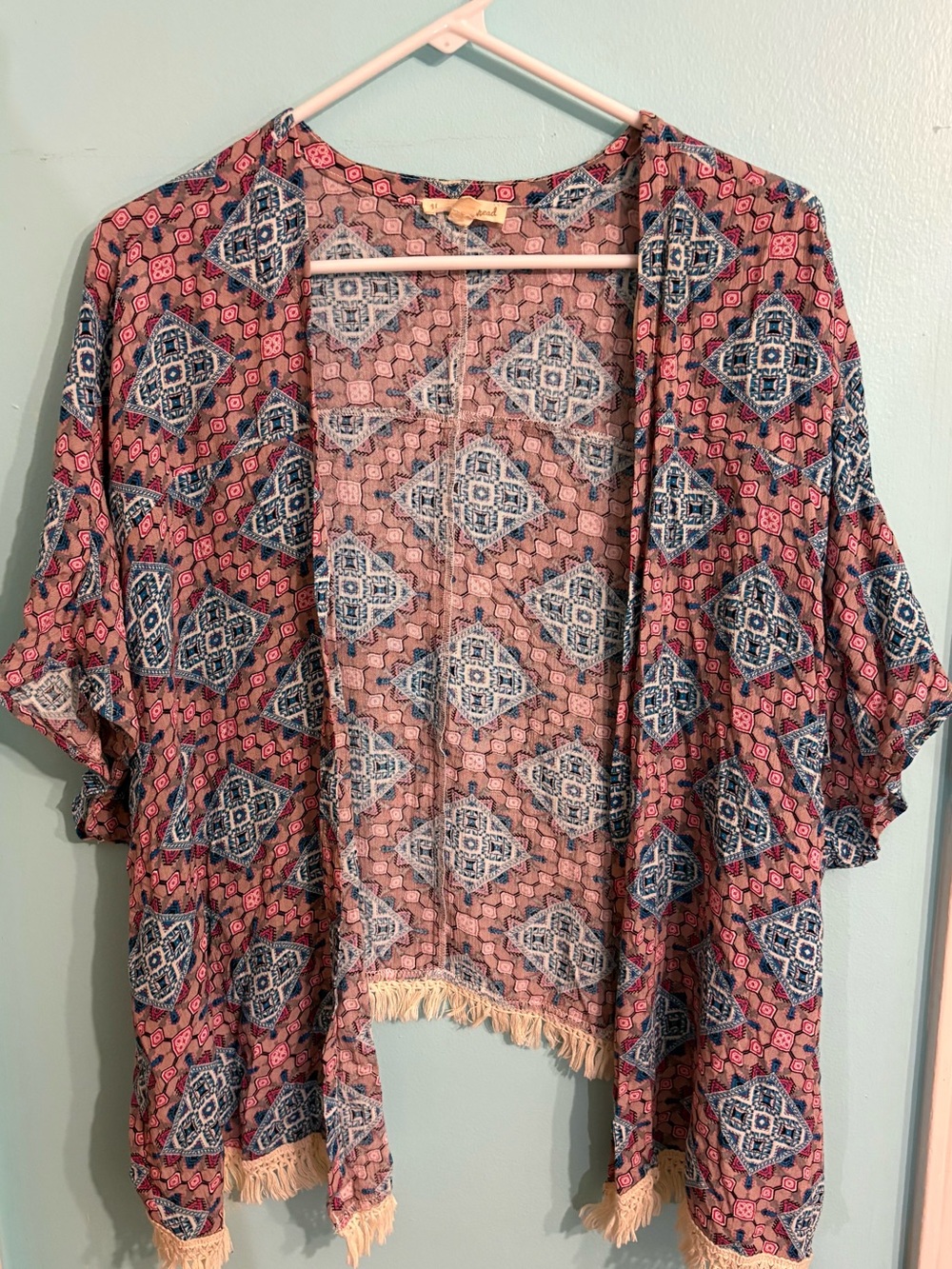 Hem & Thread Pink and Blue Geometric Fringe Kimono